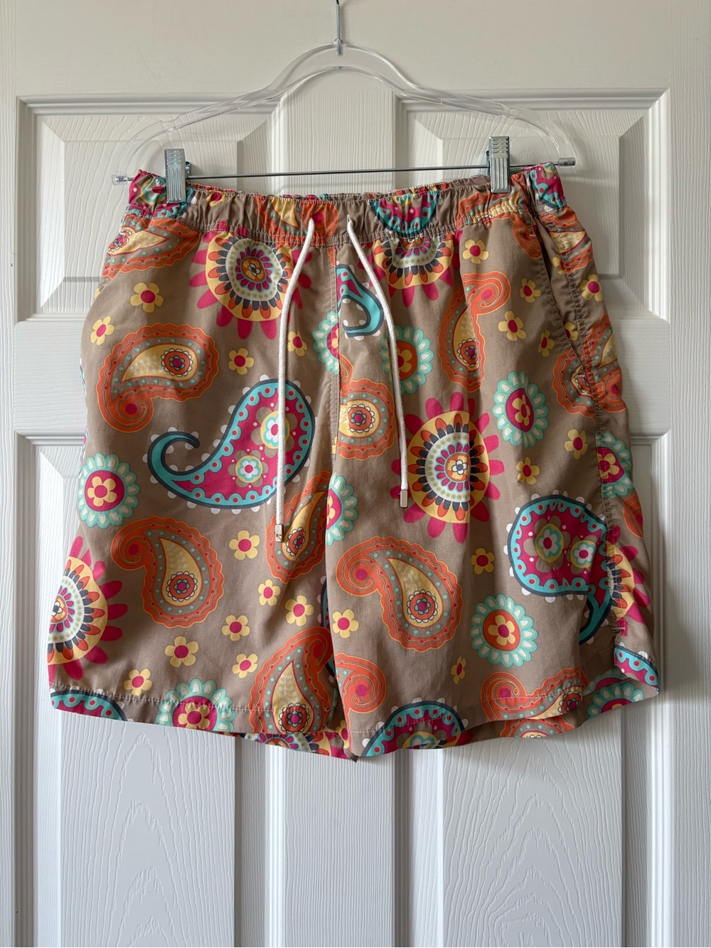Peter Millar Men’s Paisley Print Drawstring Swim Trunks - Tan & Multicolor